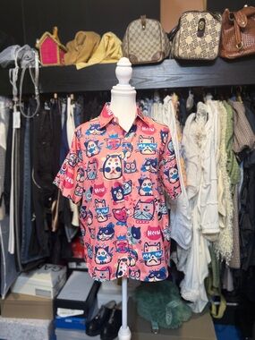 Pink Cat Print Button-Up Shirt